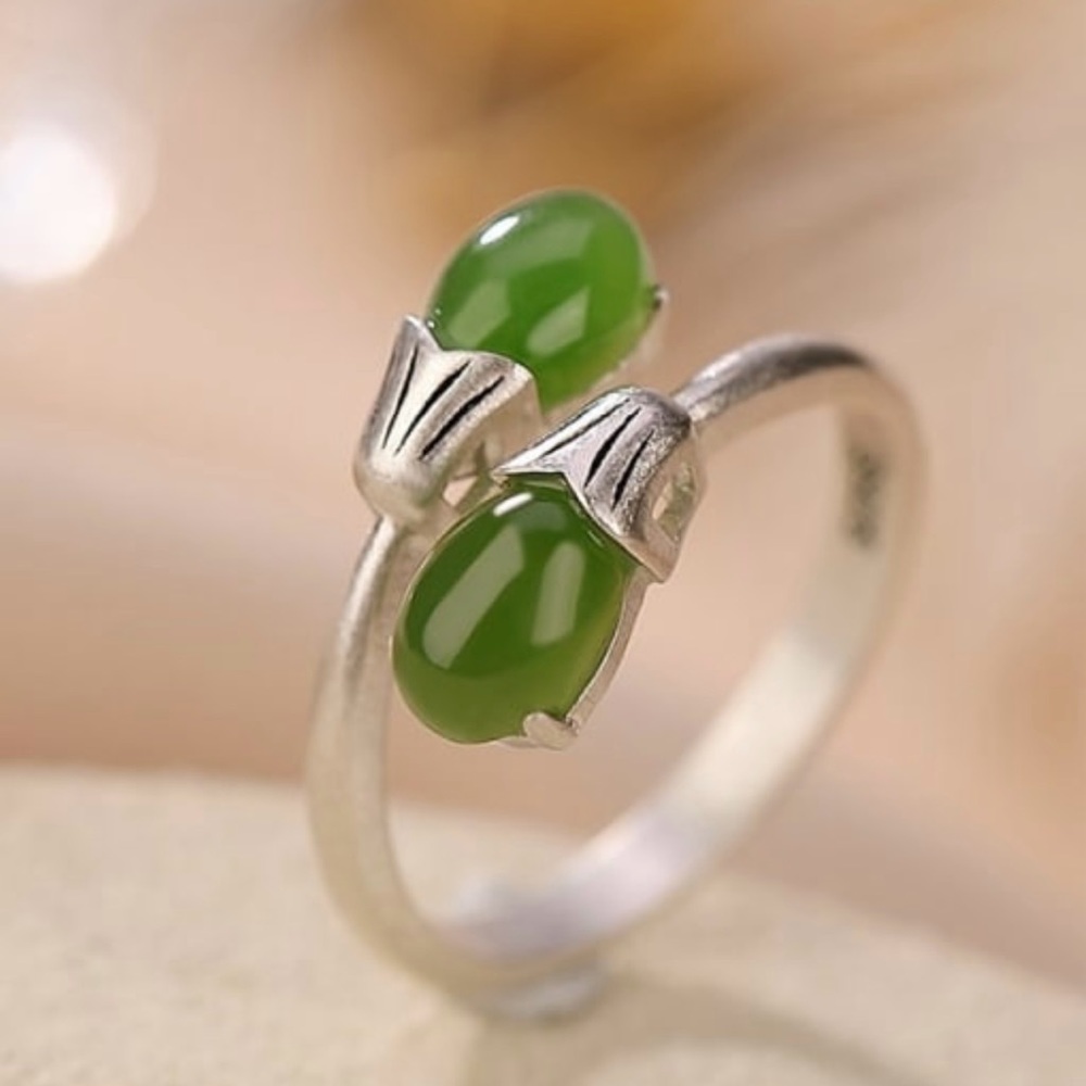 Natural Jade Flower Vintage Ring set in Solid Sterling Silver Band